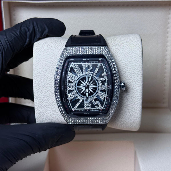 FM Black leather strap with white diamond watch
